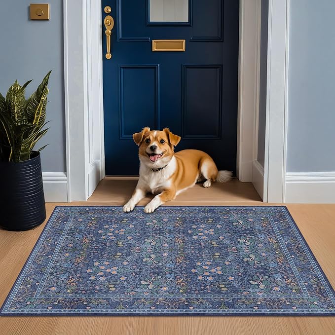 Vintage Dark Blue 3x4 Entryway Rug, Washable Small Area Rugs - Image 6