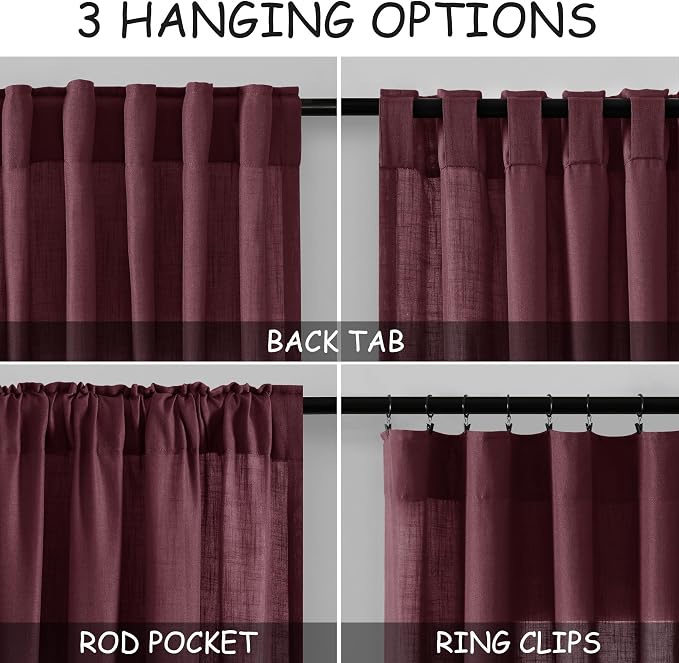 Nanspring Burgundy Linen Curtains 84 Inch Length 2 Panels Set - Image 2