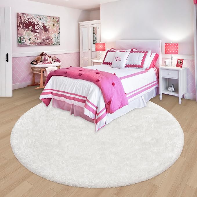 6x6 ft Tie Dye White Round Rug for Bedroom Room Fluffy Circle Rug Furry Carpet - Image 3