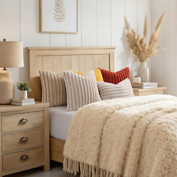decorUhome Fall Faux Fur Throw Pillow Covers 12x20 Set of 2 Beige | Decorative - Image 8