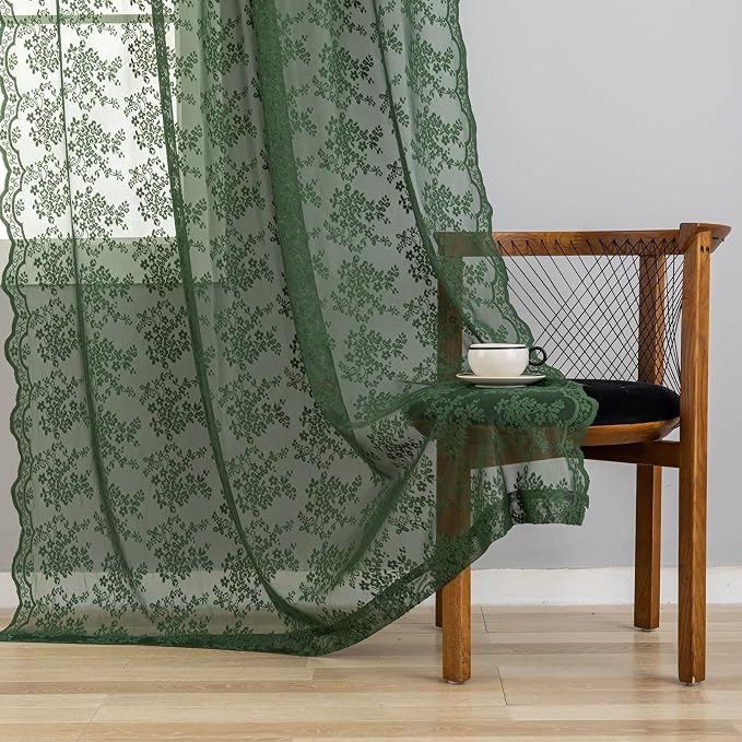 YJ YANJUN Vintage Lace Curtains-Victorian Floral Dark Green Boho 102 inch Long - Image 4