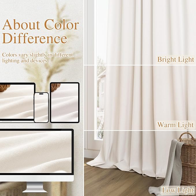 Ivory 100% Blackout Linen Curtains 63 Inch Length 2 Panels Set - Image 7
