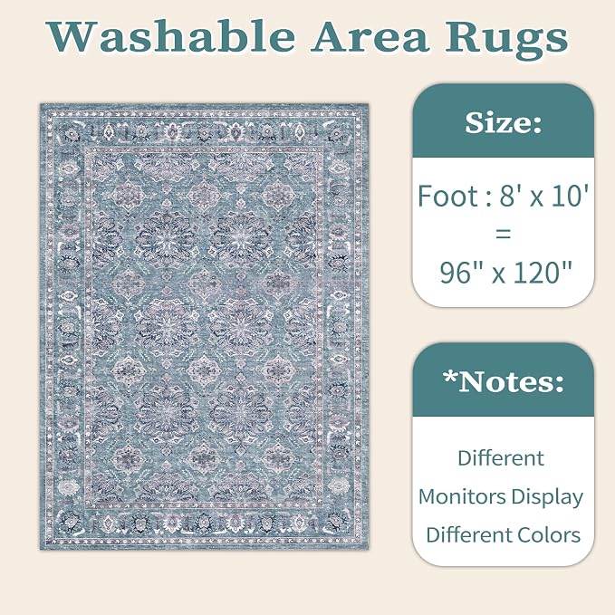 SERISSA Boho 8x10 Area Rugs Blue Grey, Washable Vintage Floral Large Living - Image 6
