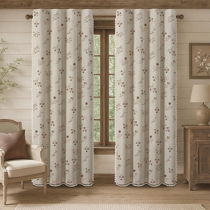 Boho Floral Spring 100% Blackout Curtains 84 Inch Length 2 Panels Set, Linen - Image 2