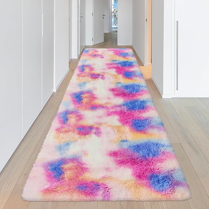 Fluffy Colorful Rug for Bedroom 3x10 ft Kawaii Tie-Dyed Area Rug Non Slip Cute - Image 2