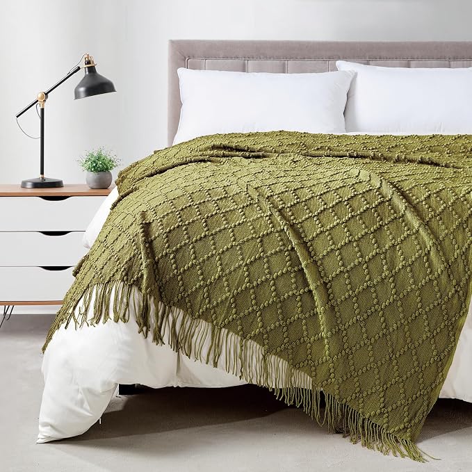 BOURINA Olive Throw Blanket 50 x70 Inches Jacquard Argyle Throw Textured Solid by BOURINA