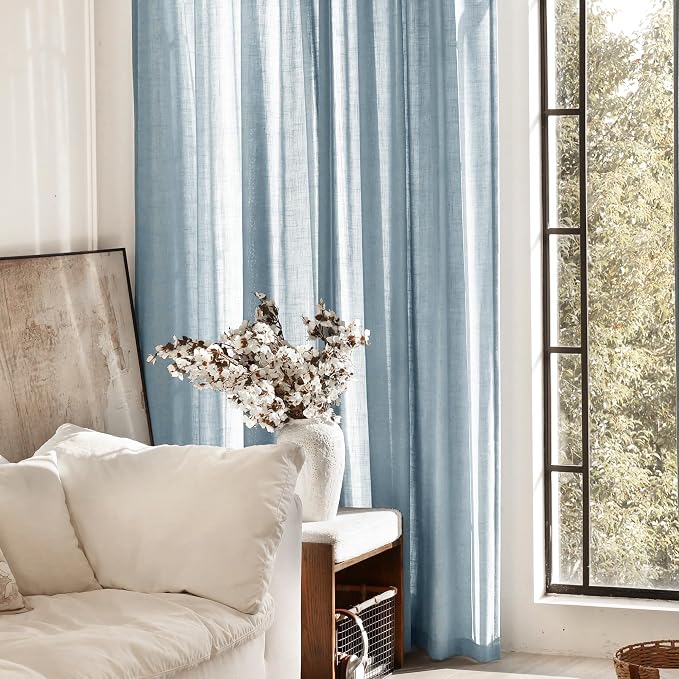 Dusty Blue Linen Curtains for Living Room Back Tab Light Filtering Semi Sheer - Image 7