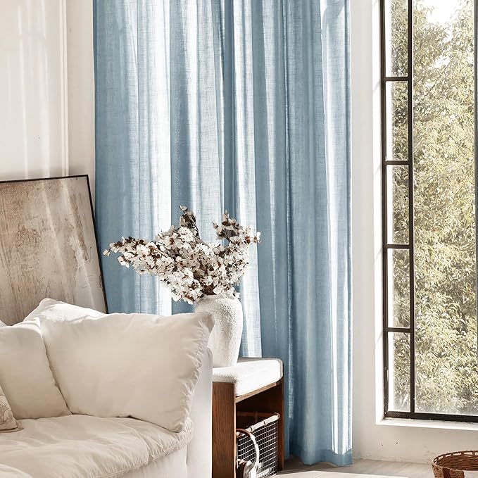 Dusty Blue Linen Curtains for Living Room Back Tab Light Filtering Semi Sheer - Image 7