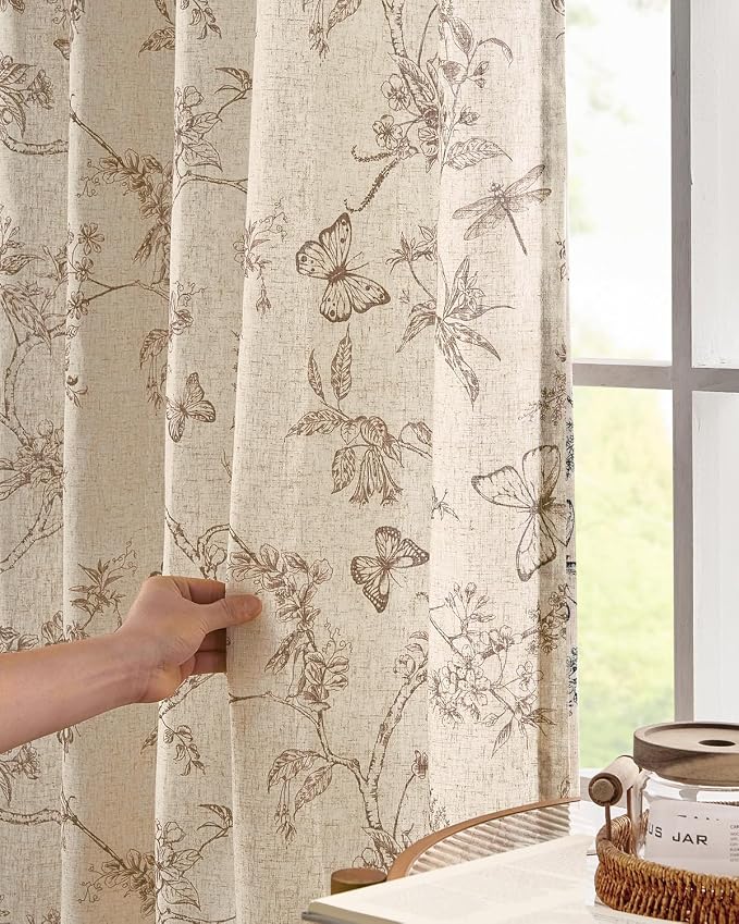 jinchan Floral Linen Curtains for Living Room 84 Inch Length Butterfly Curtain - Image 3