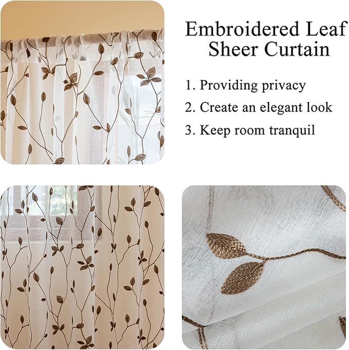 AmHoo 2 Panels Embroidered Leaf Pattern Semi Sheer Curtains Foliage Floral - Image 4