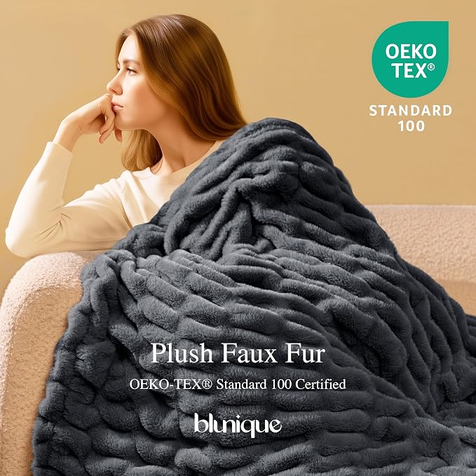 Ultra Soft Cozy Faux Fur Throw Blanket, Fuzzy Plush Thick Bubble Blanket - Image 2