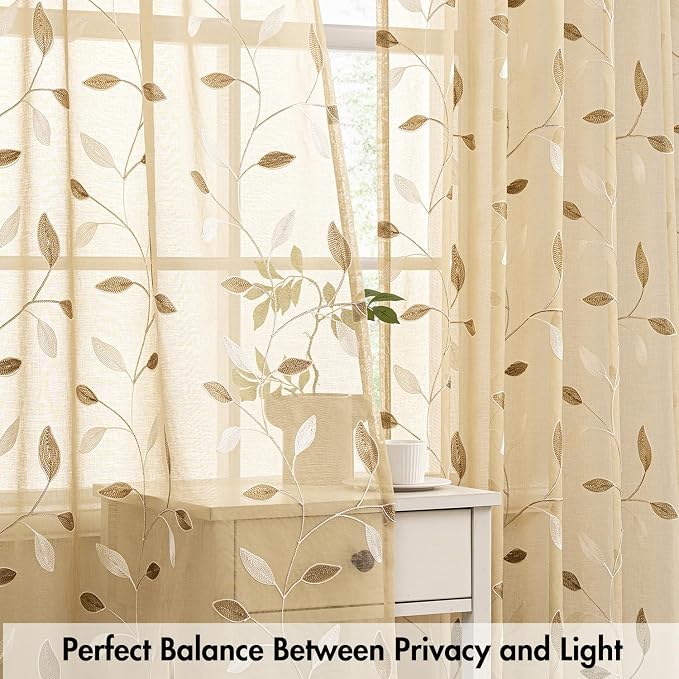 MIULEE Khaki Sheer Curtains 2 Panels Embroidered Leaf Patterned Rod Pocket - Image 4