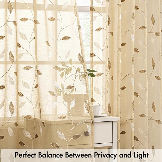 MIULEE Khaki Sheer Curtains 2 Panels Embroidered Leaf Patterned Rod Pocket - Image 5