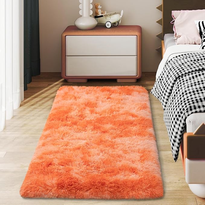Soft Runner Rugs for Bedroom Hallways, 2x4 Tie-Dyed Orange Fluffy Shag Throw - Image 7