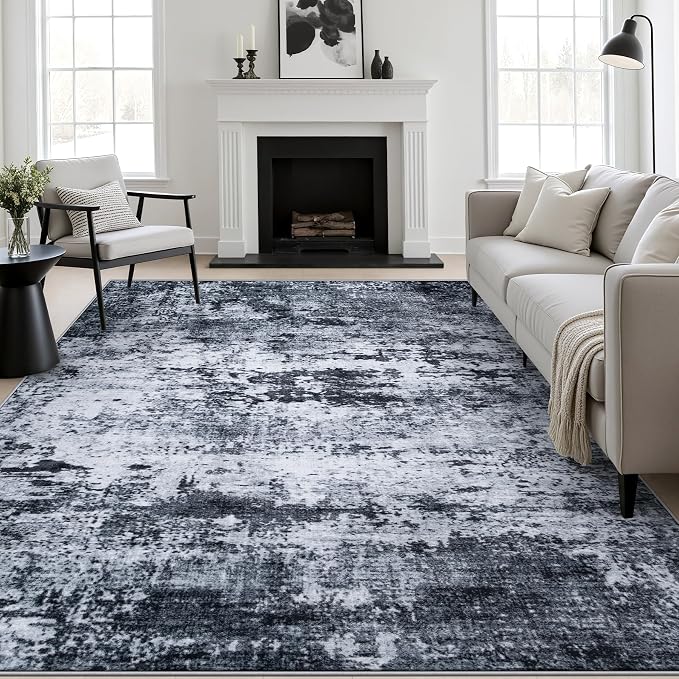 10x14 Area Rug Living Room: Modern Washable Indoor Carpet Black | by FXRHLP