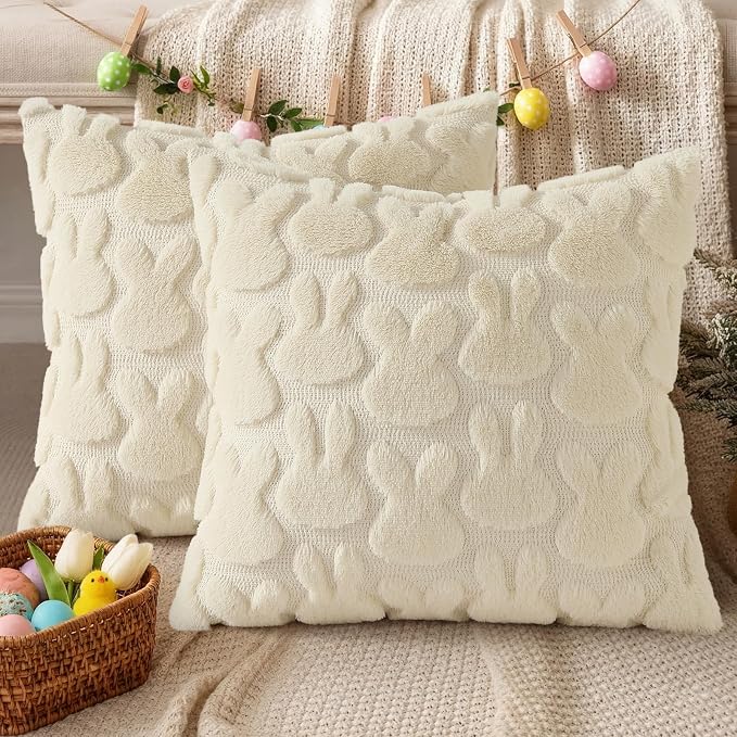 decorUhome Easter Bunny Pillow Covers 16x16 Inch Set of 2, Soft Plush Faux Wool - Image 6