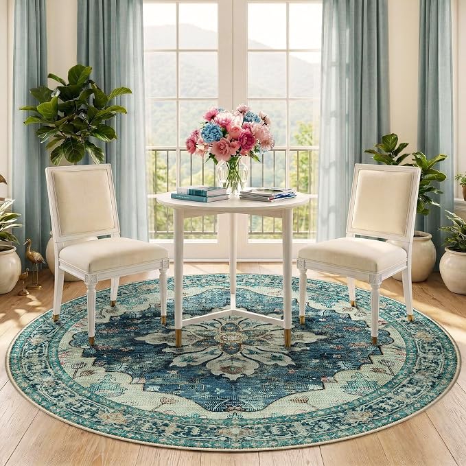 RELEANY Area Rugs 5ft Washable Non-Slip, Floral Vintage Distress Print Pattern - Image 2