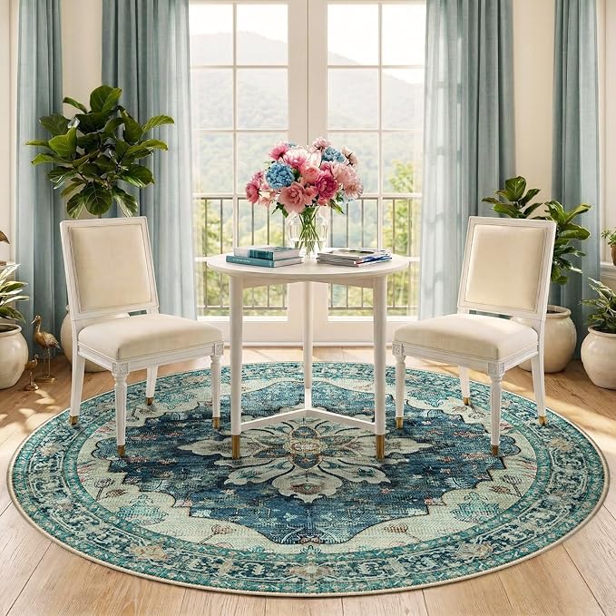 RELEANY Area Rugs 6ft Washable Non-Slip, Floral Vintage Distress Print Pattern - Image 2