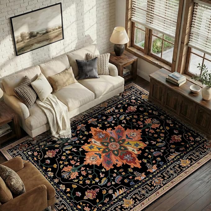 Area Rugs 5'x8' Washable Non-Slip, Floral Vintage Distress Print Pattern - Image 2