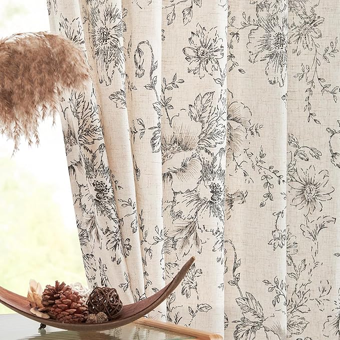 jinchan Linen Blend Curtain Floral Curtains by JINCHAN