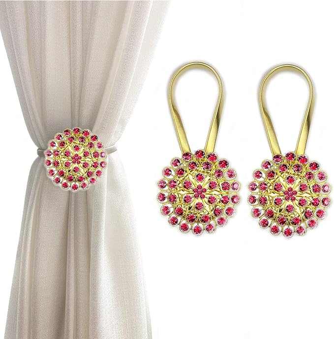 Magnetic Tiebacks for Curtains, 2 Pack Sparkling Crystal Flower Curtain by FOZUBOYO
