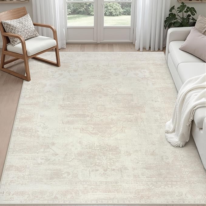 5x7 Area Rugs for Living Room: Vintage Boho Neutral Washable Rug Indoor Soft by Luxturiy