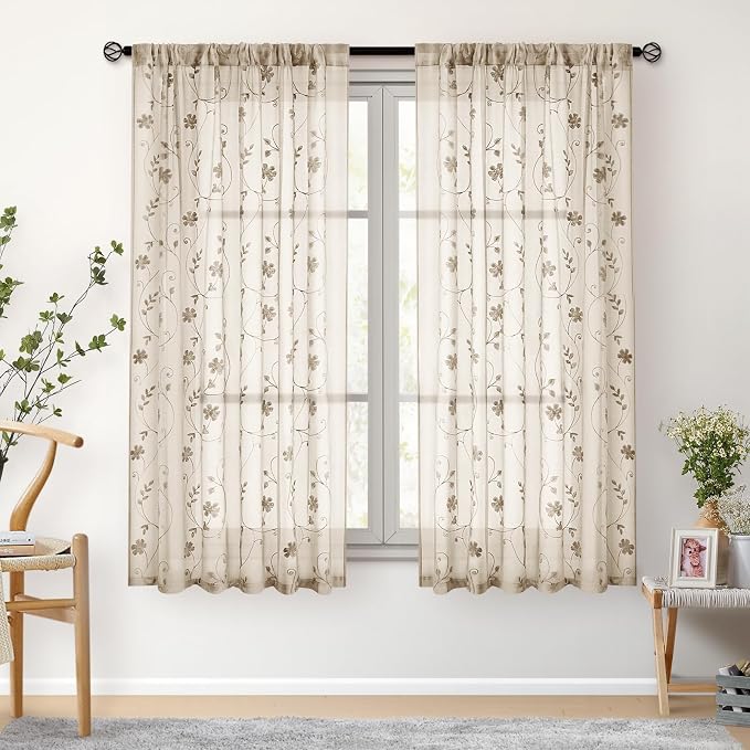 HOMEIDEAS Taupe Sheer Curtains 63 Inches Length 2 Panels Beige Embroidered - Image 8