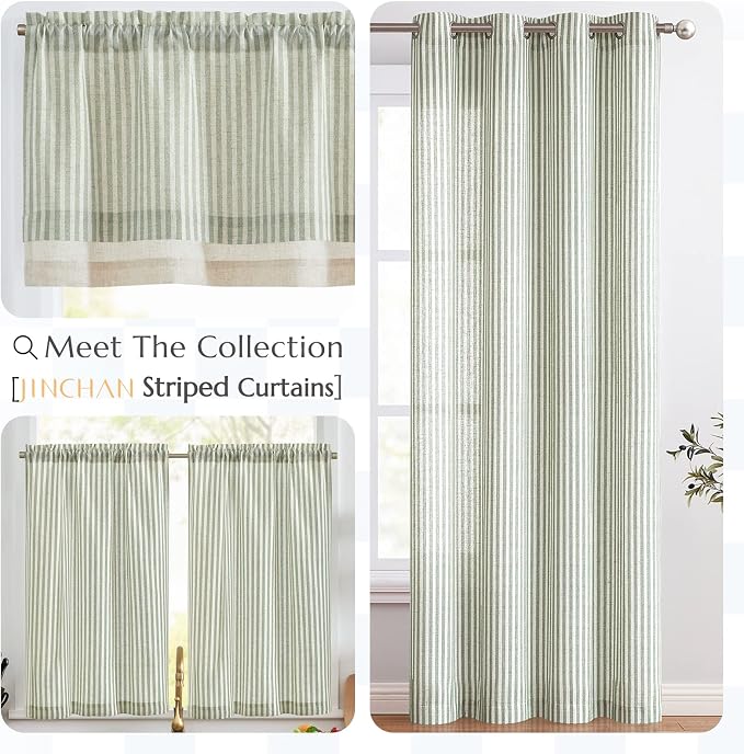 jinchan Linen Valance Curtain Striped Small Window Curtain Double Layer Light - Image 8