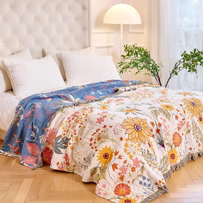 MSGKV Boho Throw Blanket for Couch Chair 100% Cotton Floral Blanket 50"x60" - Image 5