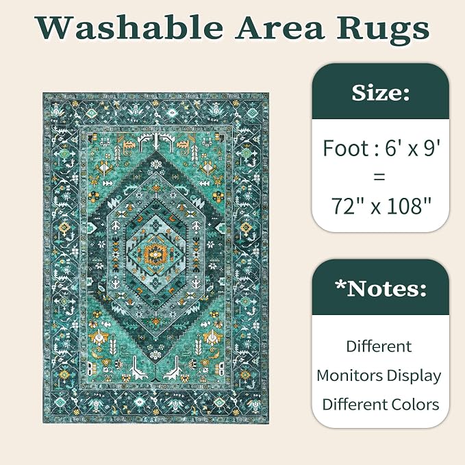 SERISSA Washable Rugs 6x9 Area Rugs, Large Non-Slip Boho Living Room Teal Rug - Image 6