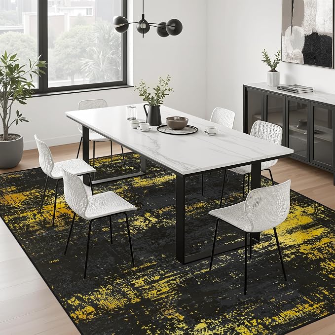5x7 Area Rug Living Room: Modern Washable Soft Carpet Black Gold | - Image 8