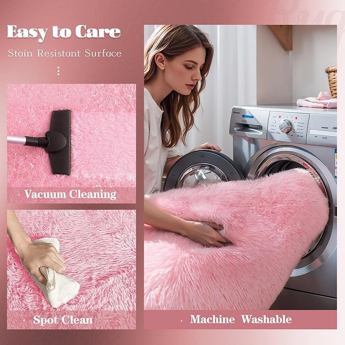 Pink Round Rugs for Bedroom: 4ft Circle Fluffy Shag Soft Washable Rug Small - Image 4