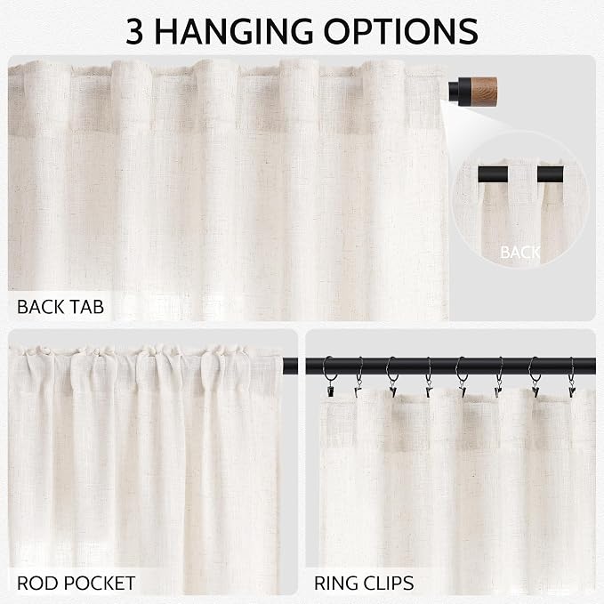 Nanspring Ivory White Linen Curtains 63 Inches Long - Image 2