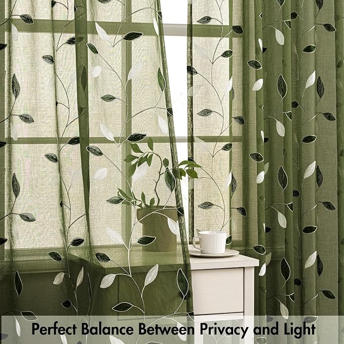 MIULEE Olive Green Sheer Curtains 2 Panels Embroidered Leaf Patterned Rod - Image 5