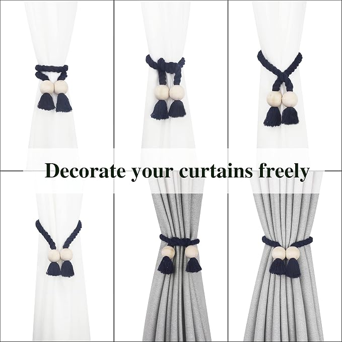 4 Pack Magnetic Curtain Tiebacks Cotton Hand Woven Tie Back Decorative Rope - Image 5