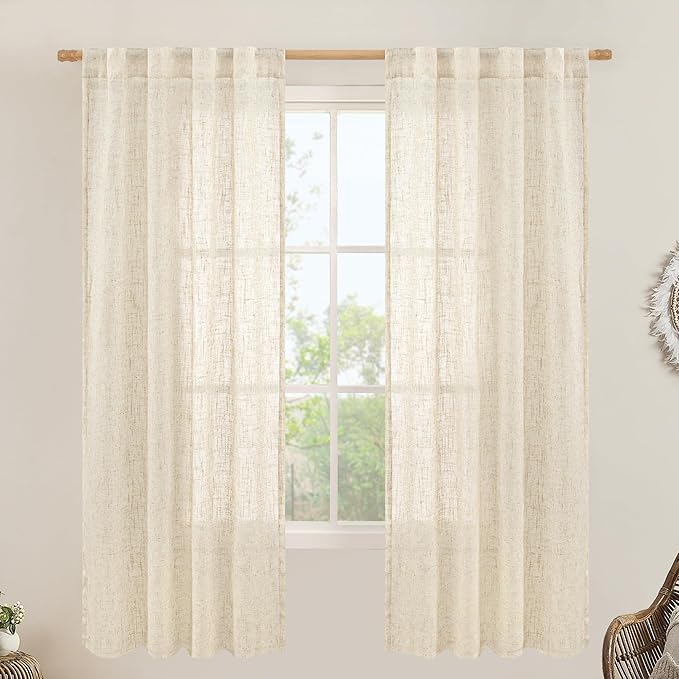 LAMIT Semi Sheer Beige Linen Curtains 72 inch Length, Light Filtering Panels by LAMIT