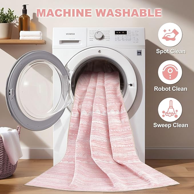 Nakagishi Pink Rugs for Bedroom Girls: 7x9 Washable Boho Large Neutral Cute - Image 2