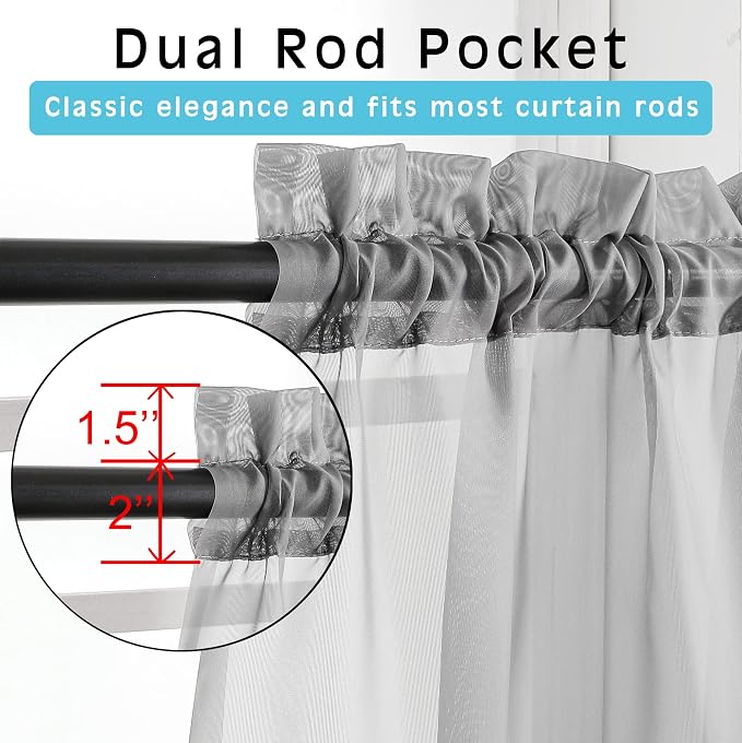 OWENIE Grey Sheer Curtains 72 Inches Long 2 Panels, Transparent Voile Sheer - Image 3
