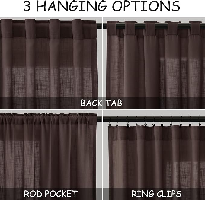 Nanspring Coffee Linen Semi Sheer Curtains 108 Inches Long 2 Panels Set Back - Image 3