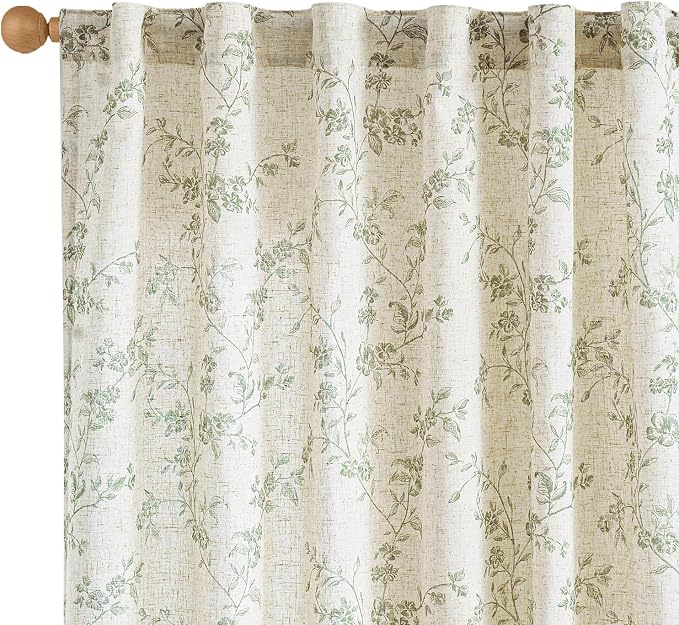 Lazzzy Green Floral Curtains 84 Inch Length Linen Farmhouse Curtain Back Tab by Lazzzy