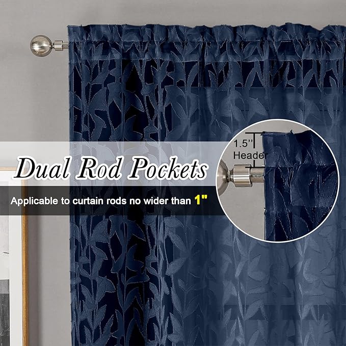 Lecloud Leia Navy Blue Sheer Curtains 90 Inches Long 2 Panels, Airy Leaf - Image 4