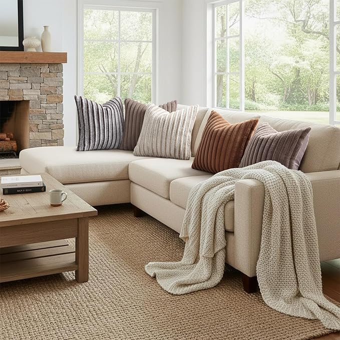 decorUhome Fall Faux Fur Throw Pillow Covers 22x22 Set of 2 Beige White | - Image 7
