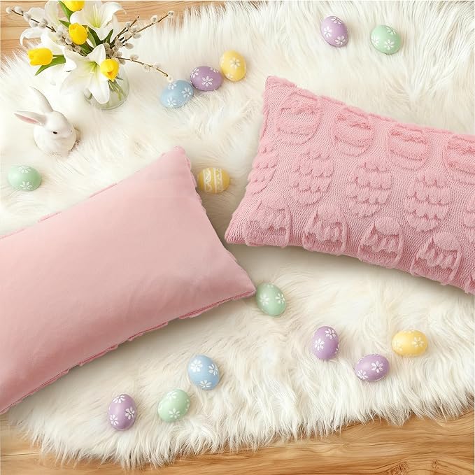 decorUhome Easter Pink Egg Pillow Covers 12x20 Inch Set of 2, Soft Plush Faux - Image 5