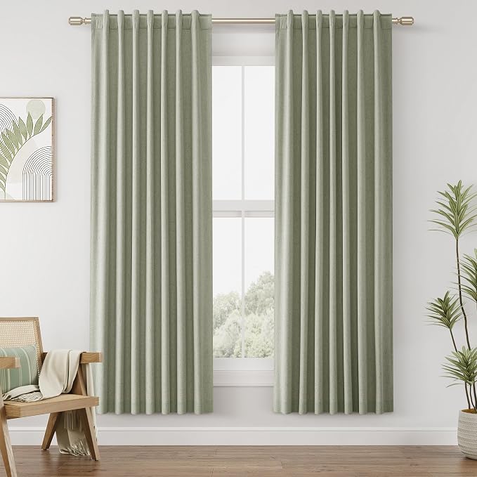 Sage Green 100% Blackout Linen Curtains 72 Inch Length 2 Panels Set by Guken