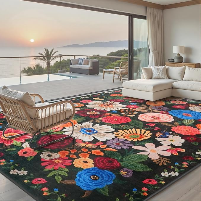 Black/Brown Area Rugs 10x14 Living Room, Non Slip Machine Washable Floral Rugs - Image 2