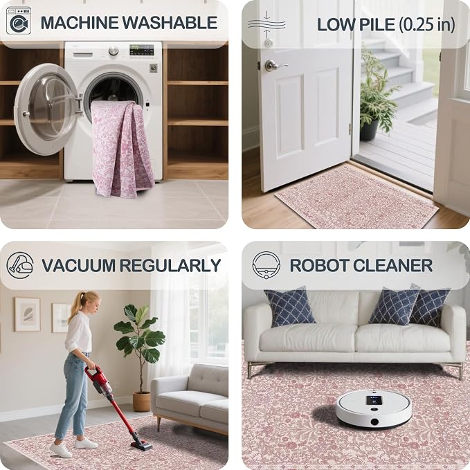 Vintage Pink Living Room Rug, 8x10 Washable Area Rugs - Image 6