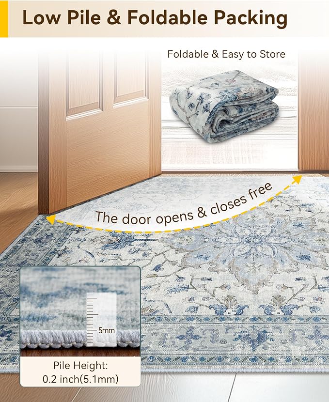 Area Rugs Square 8ft Washable Non-Slip, Floral Vintage Distress Print Pattern - Image 5