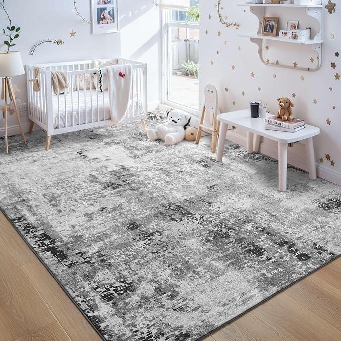 Area Rug 4x6 Grey Rug Washable Boho Rugs Non Slip Low Pile Abstract Small Carpet - Image 9