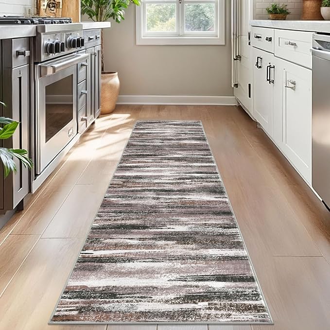 Lansny Modern Abstract Bedroom Runner Rug 2x7, Dark Light Brown White Washable - Image 2