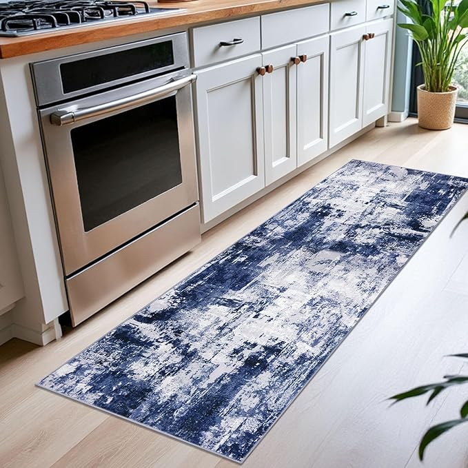 KOZYFLY Modern Abstract Runner Rug 2x6 Navy Blue Runners - Image 2